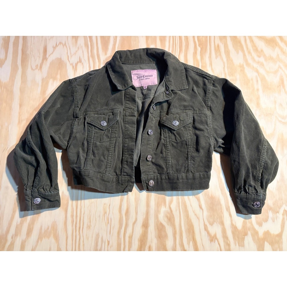 Juicy Couture Olive Green Corduroy‎ Cropped Trucker Jacket Women Small JC Logo